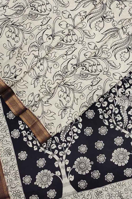 Stunning Black & White Kalamkari Hand-Painted Bangalore Silk Saree - Luxurion World