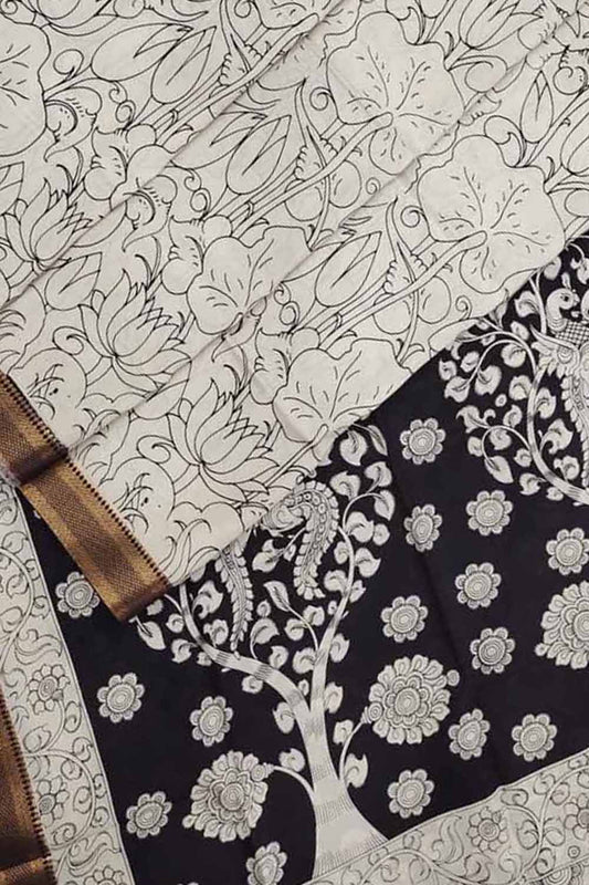 Stunning Black & White Kalamkari Hand-Painted Bangalore Silk Saree - Luxurion World