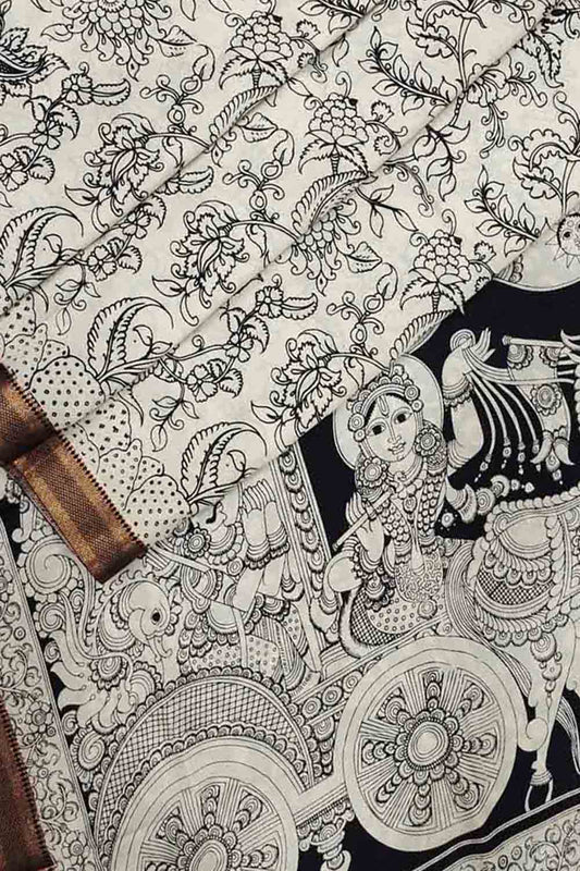 Stunning Black & White Kalamkari Hand-Painted Bangalore Silk Saree - Luxurion World