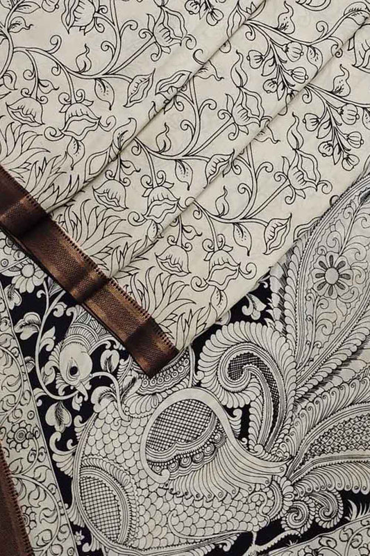 Stunning Black & White Kalamkari Hand-Painted Bangalore Silk Saree - Luxurion World