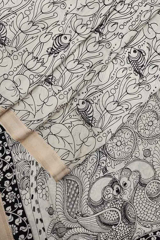 Stunning Black & White Kalamkari Hand-Painted Bangalore Silk Saree - Luxurion World