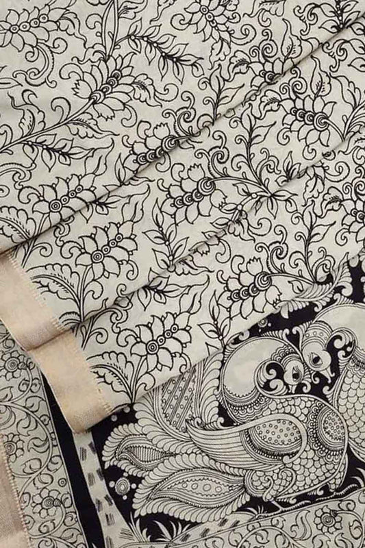 Stunning Black & White Kalamkari Hand Painted Bangalore Silk Saree - Luxurion World