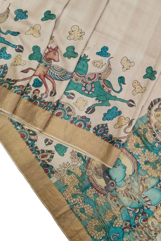 Hand-Painted Exquisite Pastel Kalamkari Tussar Silk Saree: A Beauty to Behold - Luxurion World