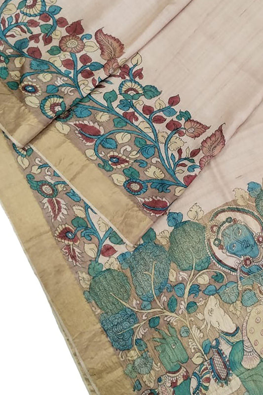 Hand Painted Exquisite Pastel Kalamkari Tussar Silk Saree - A Beauty to Behold - Luxurion World