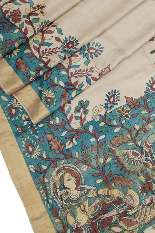 Hand-Painted Exquisite Tussar Silk Saree - Pastel Kalamkari Elegance - Luxurion World