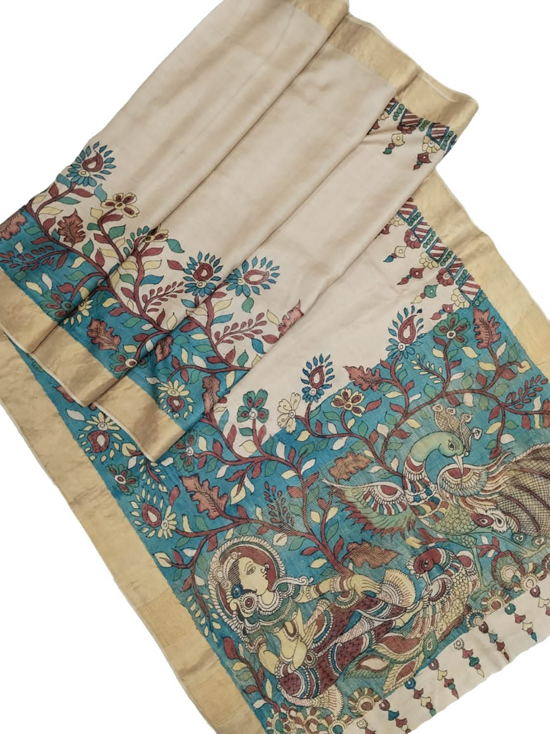 Hand-Painted Exquisite Tussar Silk Saree - Pastel Kalamkari Elegance - Luxurion World