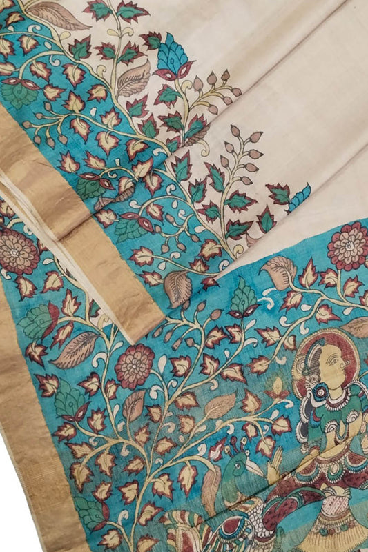 Hand-Painted Exquisite Pastel Kalamkari Tussar Silk Saree: A Beauty to Behold