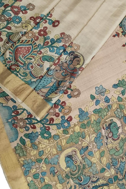 Hand Painted Exquisite Pastel Kalamkari Tussar Silk Saree - Beauty in Silk - Luxurion World