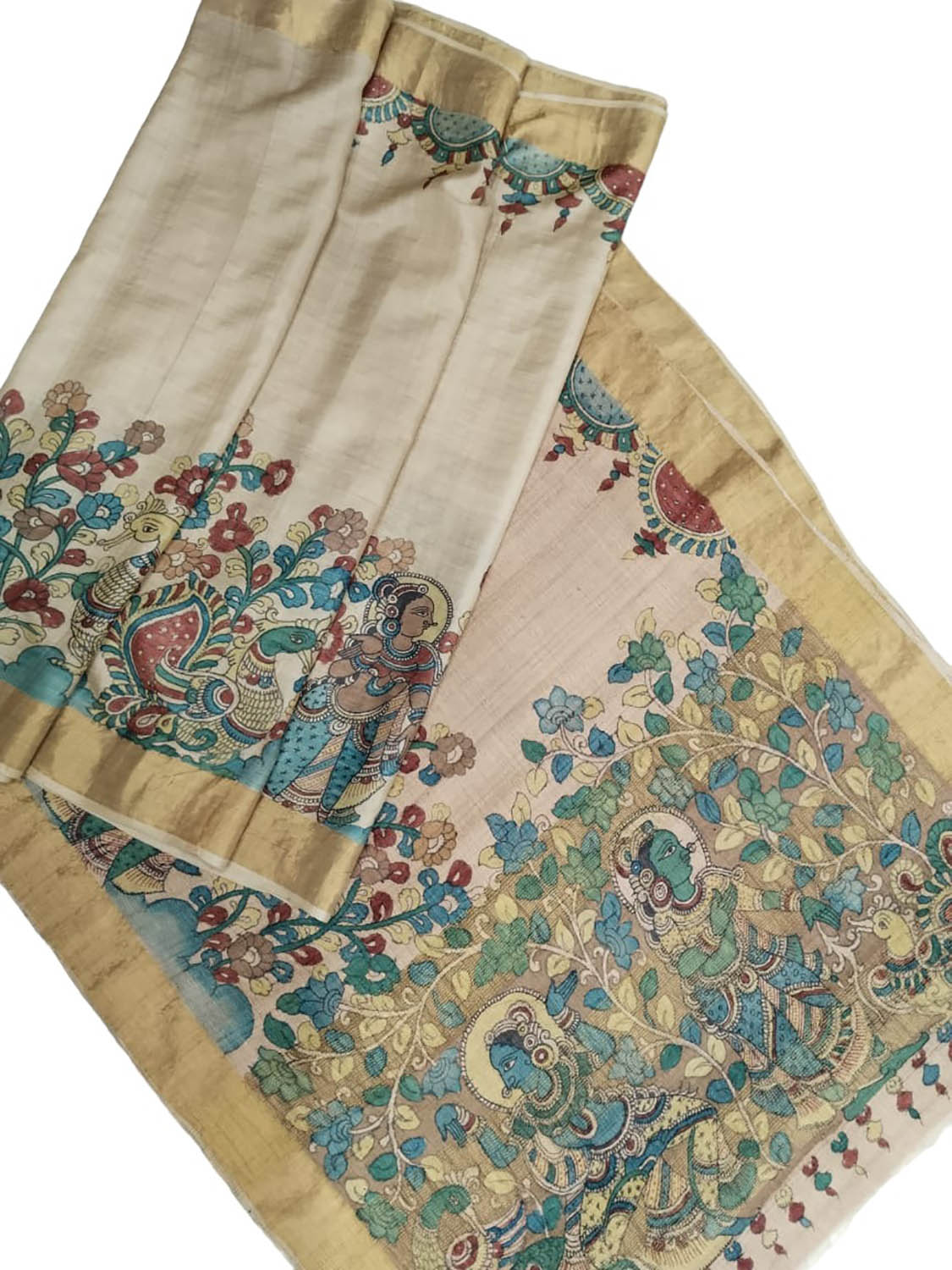 Hand Painted Exquisite Pastel Kalamkari Tussar Silk Saree - Beauty in Silk - Luxurion World