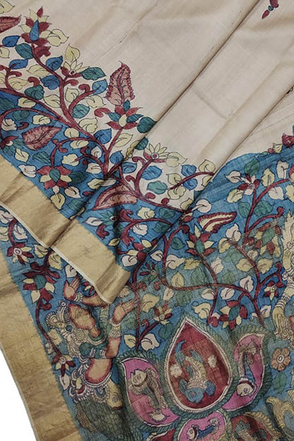 Hand Painted Exquisite Pastel Kalamkari Tussar Silk Saree - Perfect for Any Occasion - Luxurion World