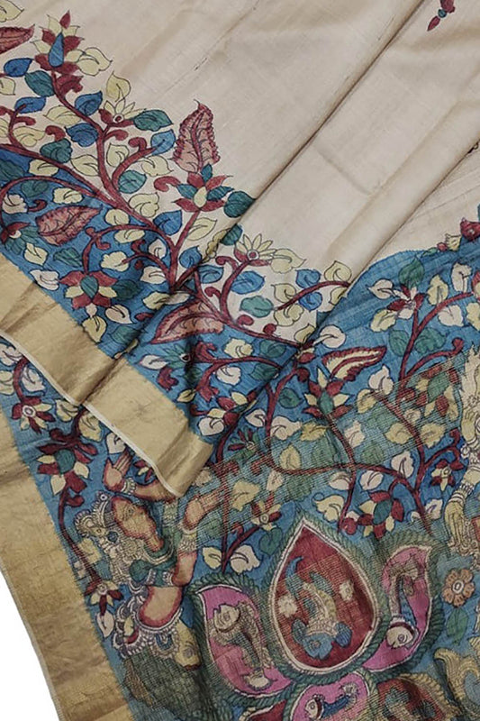 Hand Painted Exquisite Pastel Kalamkari Tussar Silk Saree - Perfect for Any Occasion - Luxurion World