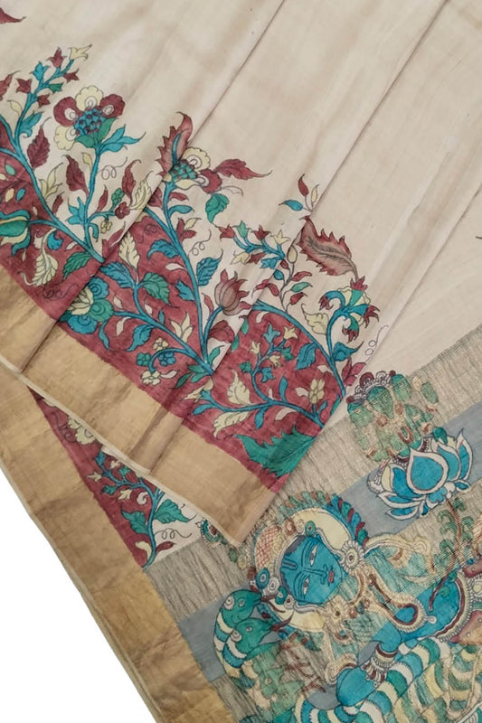 Hand Painted Exquisite Pastel Kalamkari Tussar Silk Saree - Beauty in Silk - Luxurion World