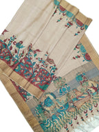 Hand Painted Exquisite Pastel Kalamkari Tussar Silk Saree - Beauty in Silk - Luxurion World