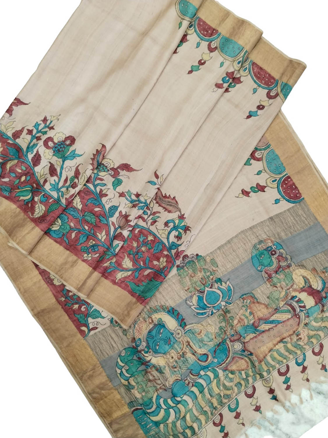 Hand Painted Exquisite Pastel Kalamkari Tussar Silk Saree - Beauty in Silk - Luxurion World