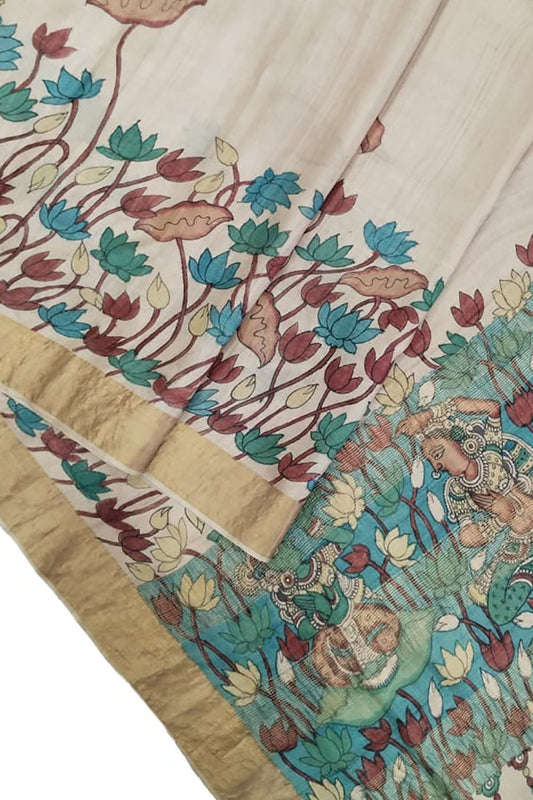 Hand Painted Exquisite Pastel Kalamkari Tussar Silk Saree - A Beauty to Behold - Luxurion World