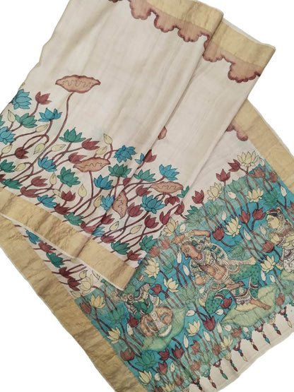Hand Painted Exquisite Pastel Kalamkari Tussar Silk Saree - A Beauty to Behold - Luxurion World