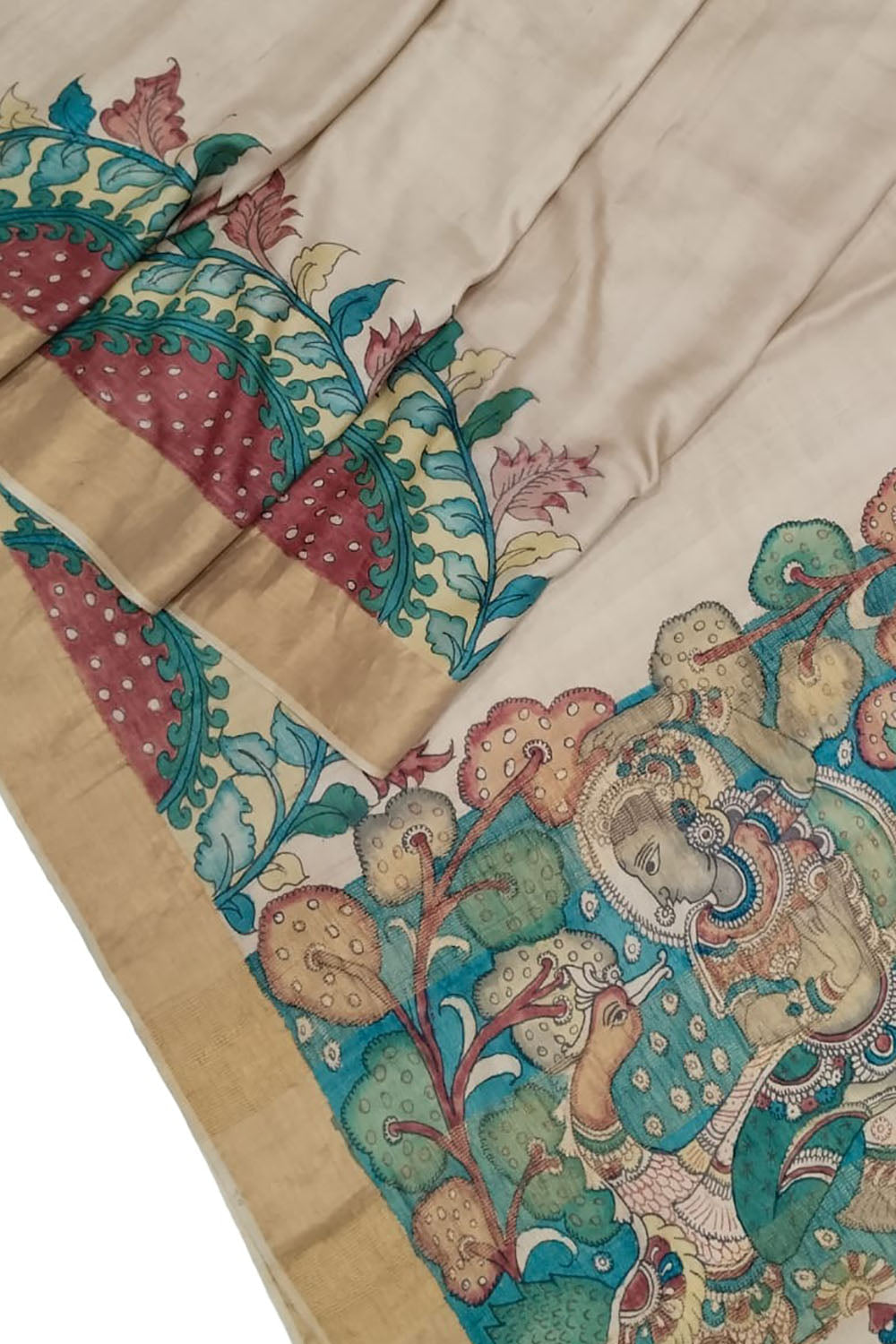 Hand-Painted Exquisite Pastel Kalamkari Tussar Silk Saree: A True Beauty
