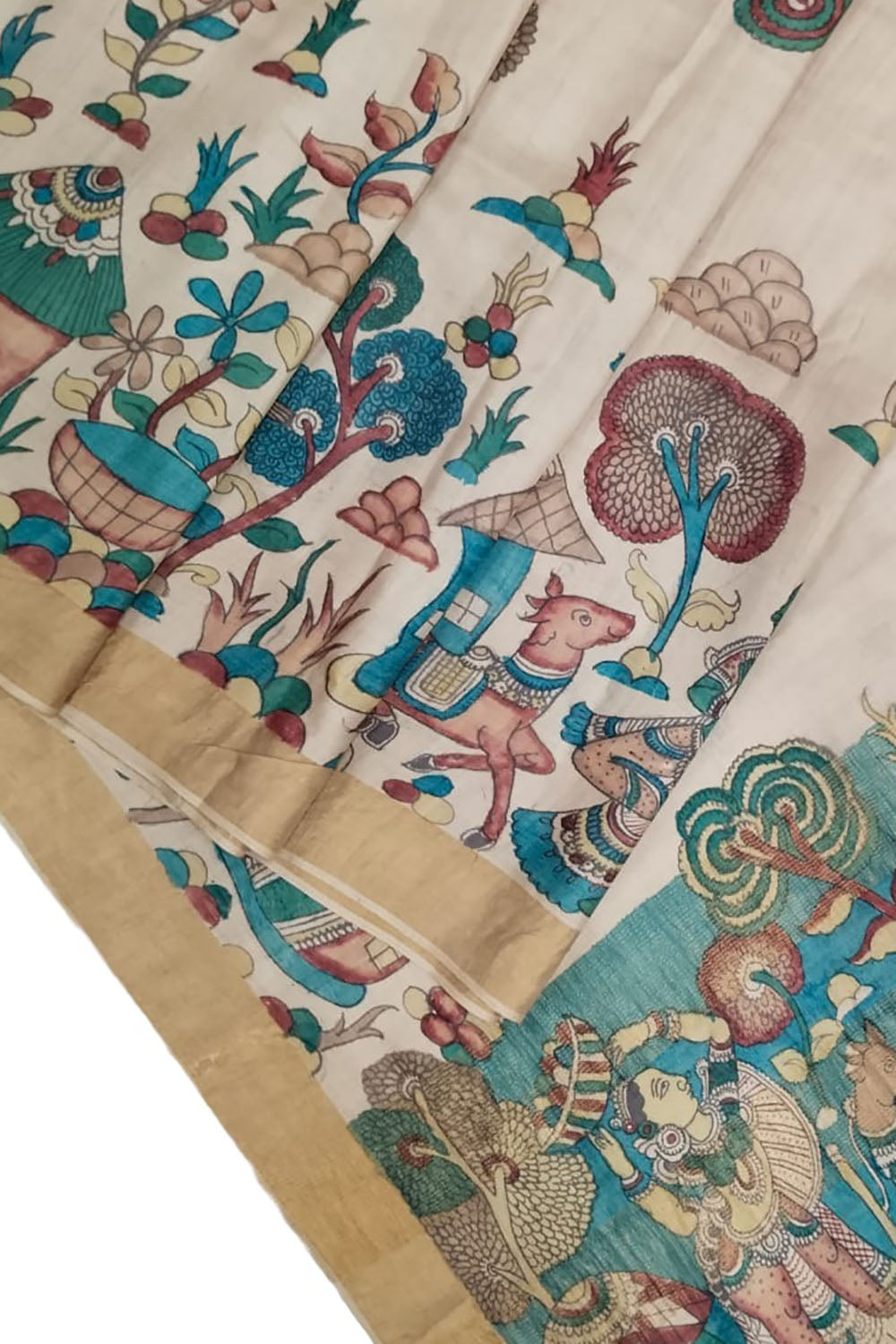 Hand-Painted Pastel Kalamkari Tussar Silk Saree: Exquisite Beauty - Luxurion World