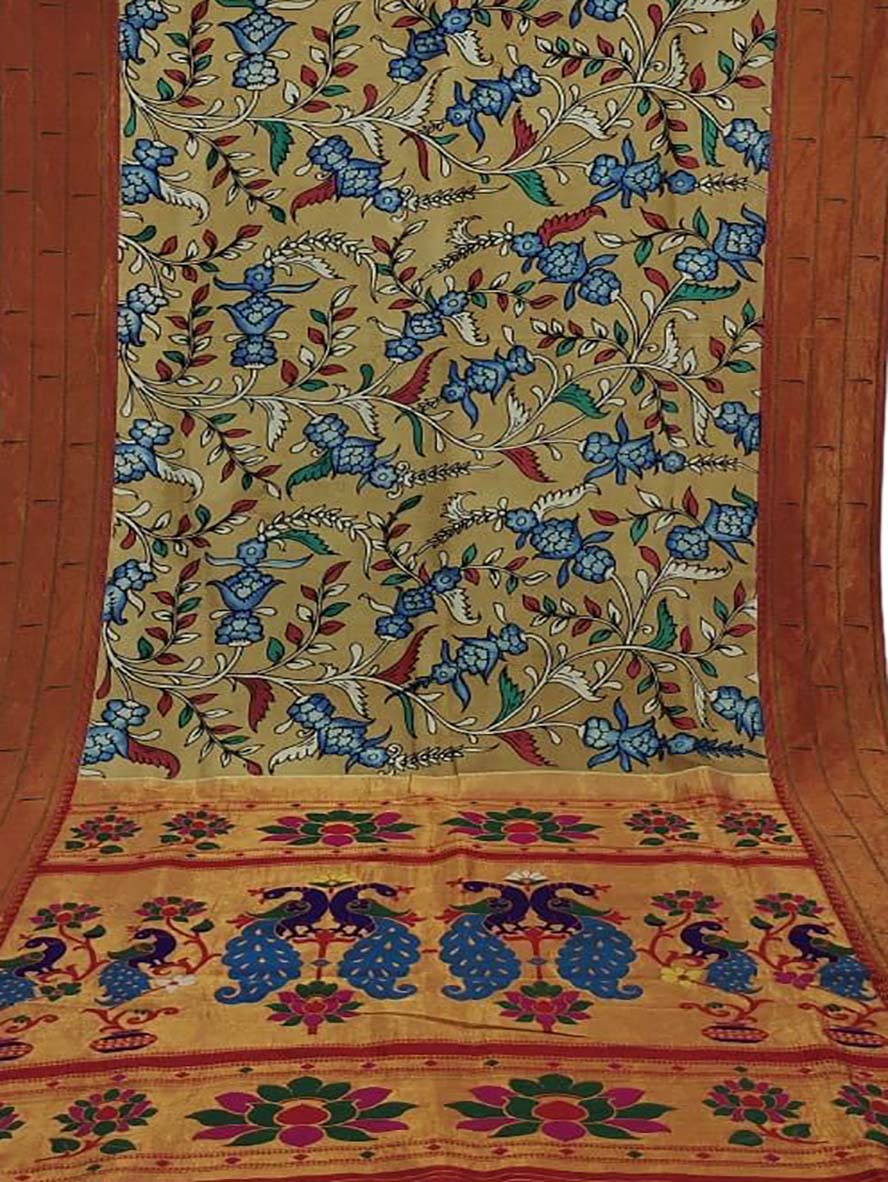 Multicolor Pen Kalamkari Paithani Pure Silk Muniya Border Saree - Luxurion World