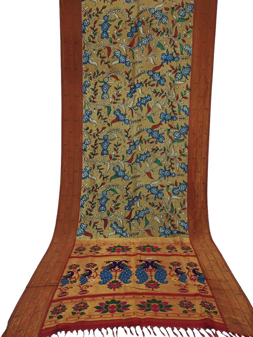 Multicolor Pen Kalamkari Paithani Pure Silk Muniya Border Saree - Luxurion World