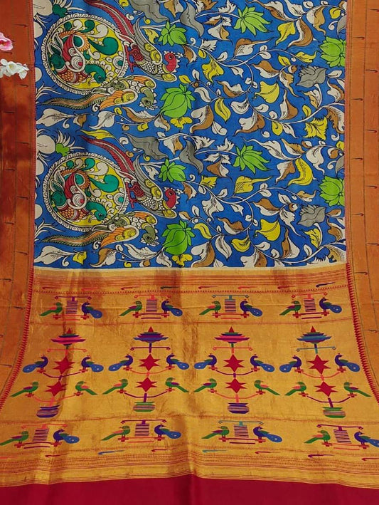 Multicolor Pen Kalamkari Paithani Pure Silk Muniya Border Saree - Luxurion World