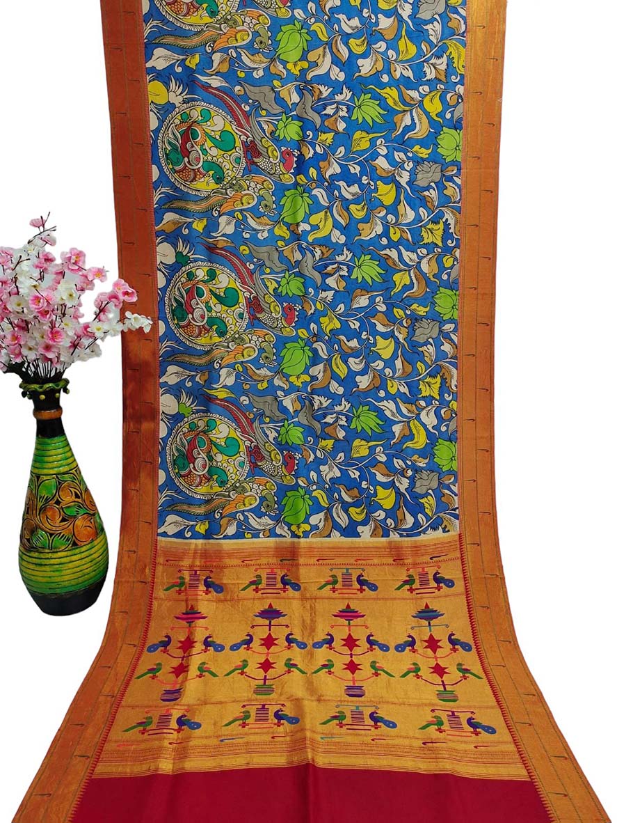 Multicolor Pen Kalamkari Paithani Pure Silk Muniya Border Saree - Luxurion World