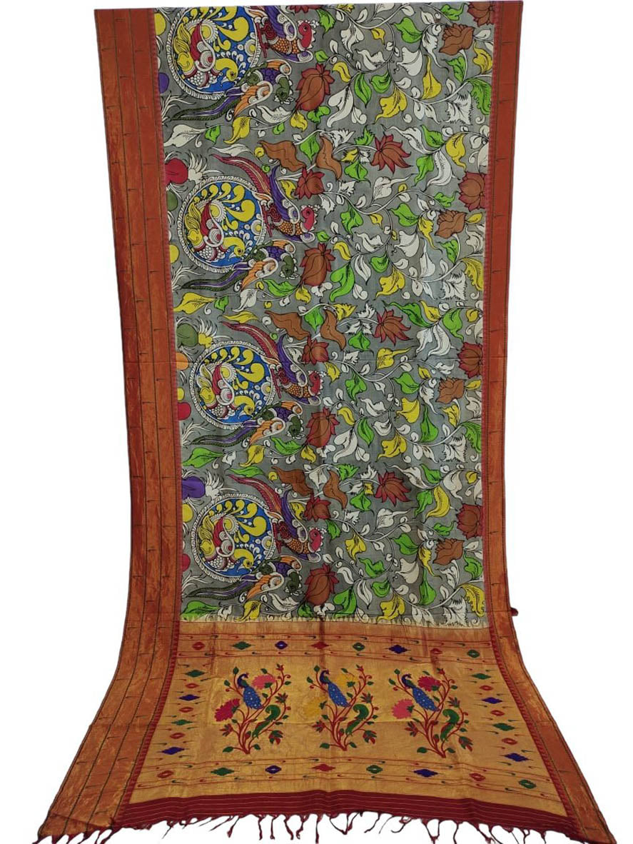 Multicolor Pen Kalamkari Paithani Pure Silk Muniya Border Saree - Luxurion World