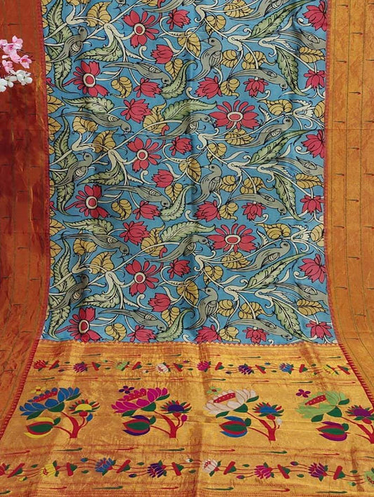 Multicolor Pen Kalamkari Paithani Pure Silk Muniya Border Saree - Luxurion World