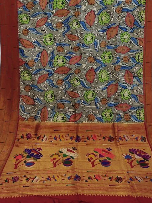 Multicolor Pen Kalamkari Paithani Pure Silk Muniya Border Saree - Luxurion World