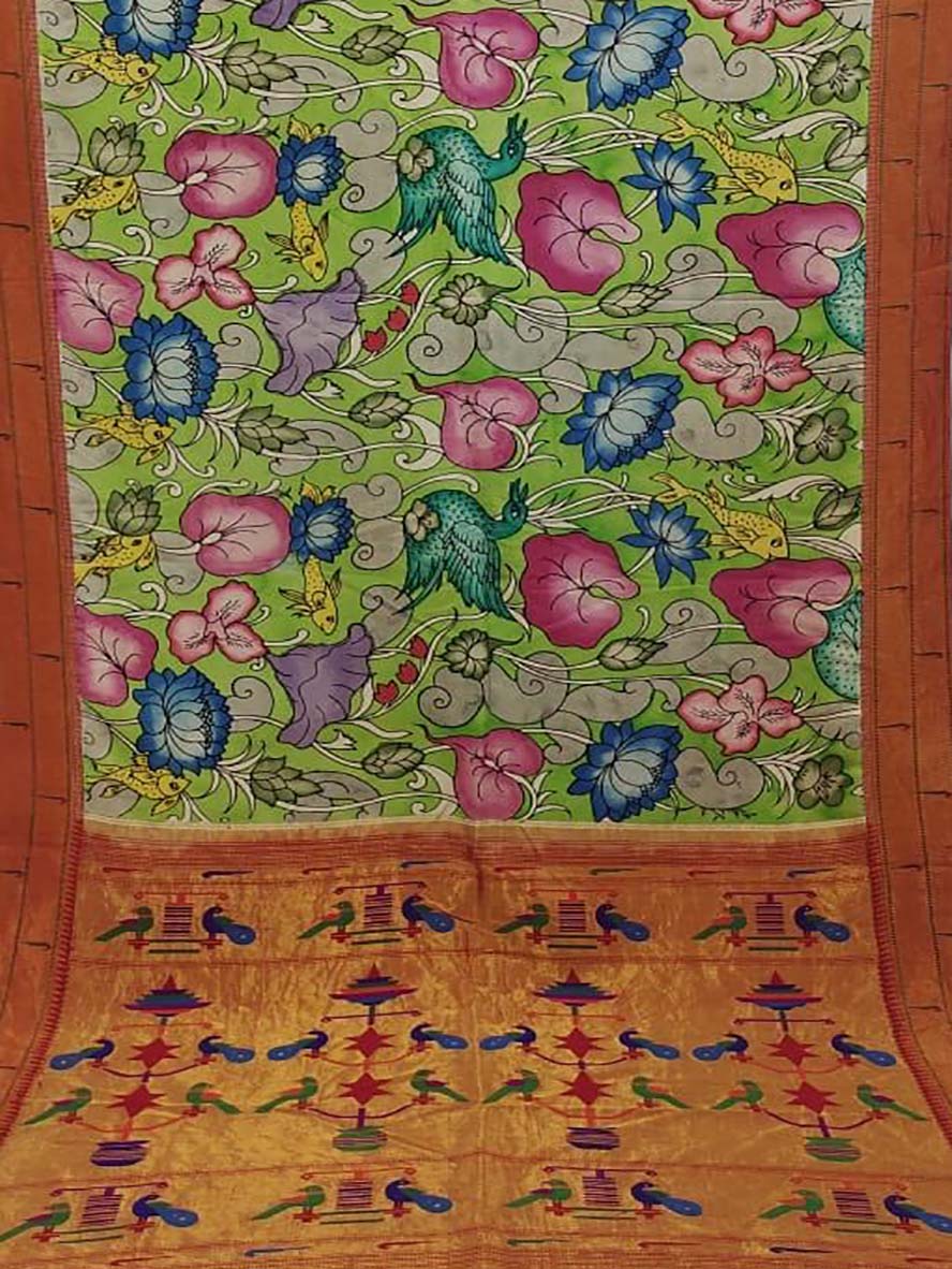 Multicolor Pen Kalamkari Paithani Pure Silk Muniya Border Saree - Luxurion World