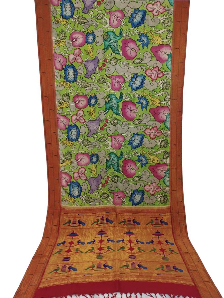 Multicolor Pen Kalamkari Paithani Pure Silk Muniya Border Saree - Luxurion World