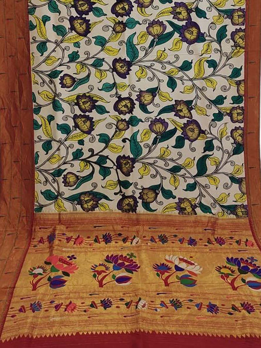 Multicolor Pen Kalamkari Paithani Pure Silk Muniya Border Saree - Luxurion World