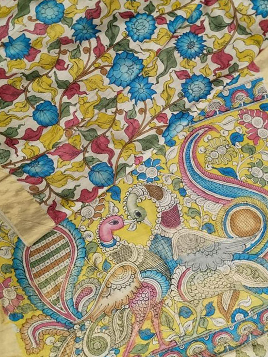 Multicolor Pen Kalamkari Pure Tussar Silk Saree - Luxurion World