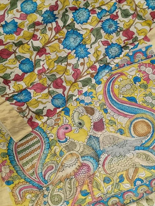 Multicolor Pen Kalamkari Pure Tussar Silk Saree - Luxurion World
