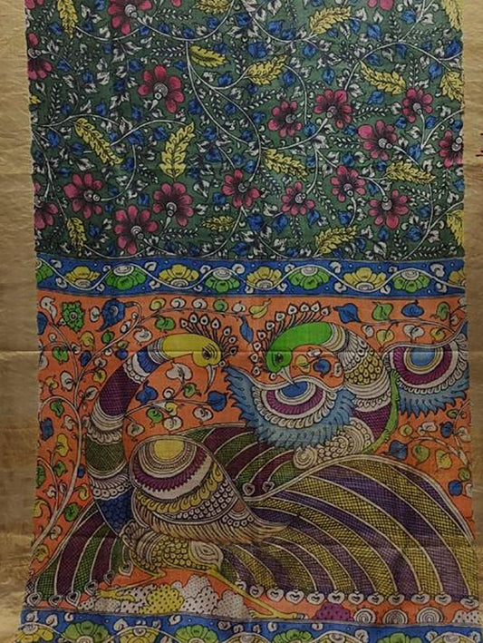 Multicolor Pen Kalamkari Pure Tussar Silk Saree