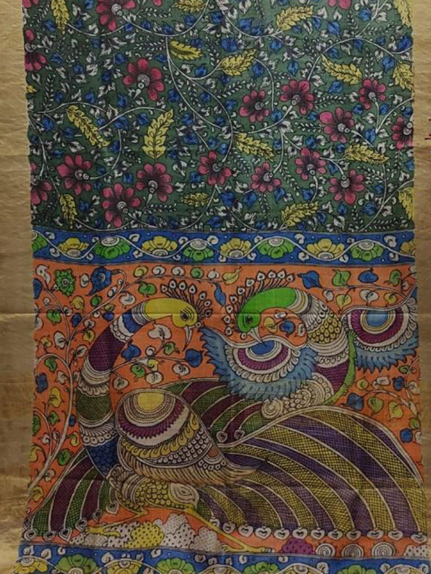 Multicolor Pen Kalamkari Pure Tussar Silk Saree - Luxurion World