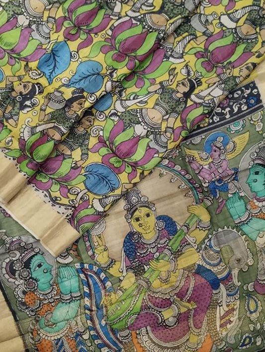 Multicolor Pen Kalamkari Pure Tussar Silk Saree - Luxurion World