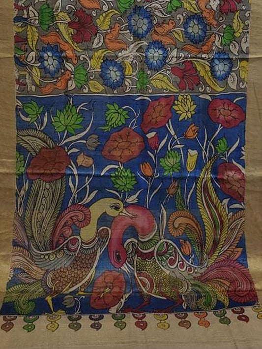 Multicolor Pen Kalamkari Pure Tussar Silk Saree - Luxurion World