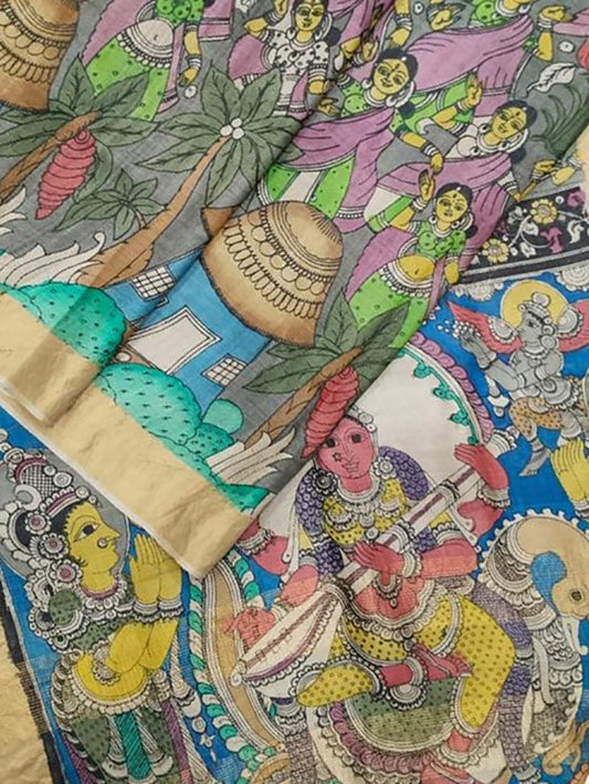 Multicolor Pen Kalamkari Pure Tussar Silk Saree - Luxurion World