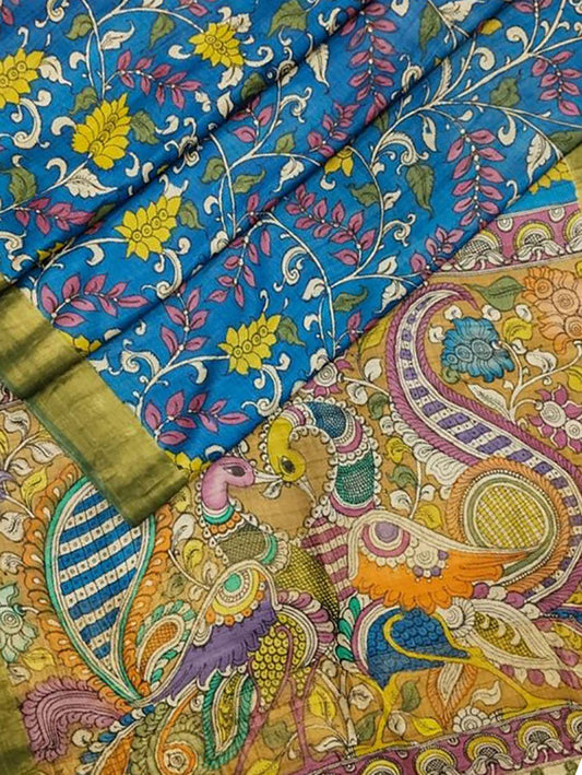 Multicolor Pen Kalamkari Pure Tussar Silk Saree - Luxurion World