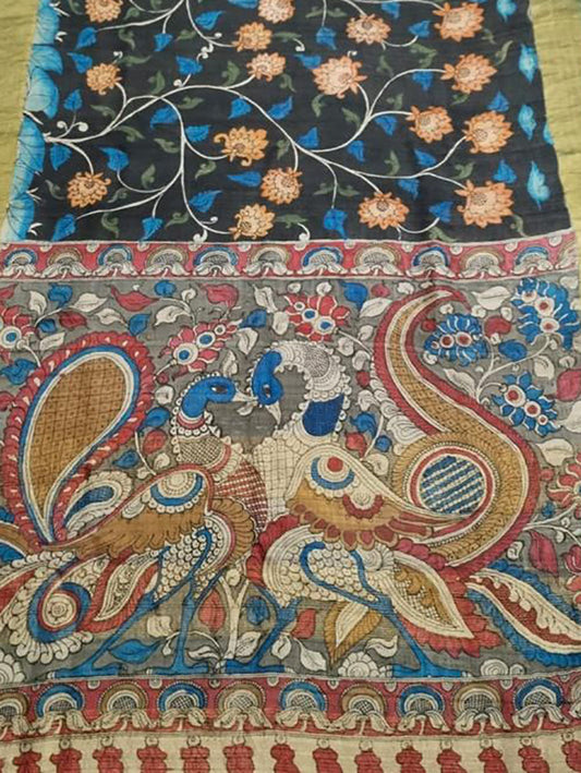 Multicolor Pen Kalamkari Pure Tussar Silk Saree - Luxurion World