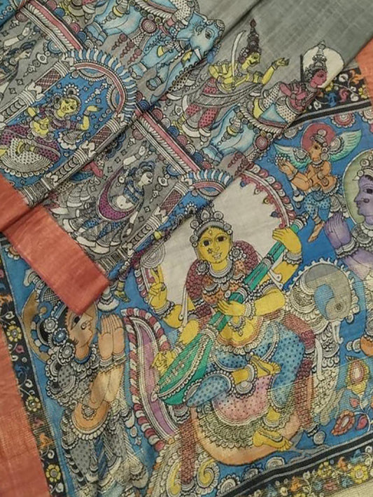 Multicolor Pen Kalamkari Pure Tussar Silk Saree - Luxurion World