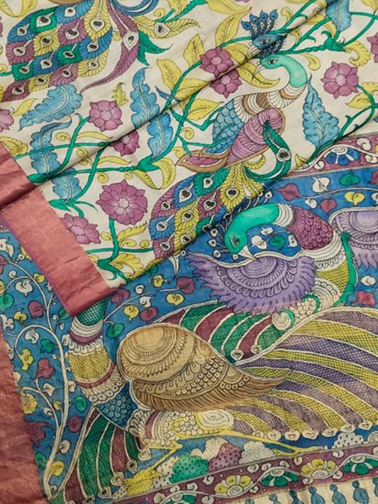 Multicolor Pen Kalamkari Pure Tussar Silk Saree - Luxurion World