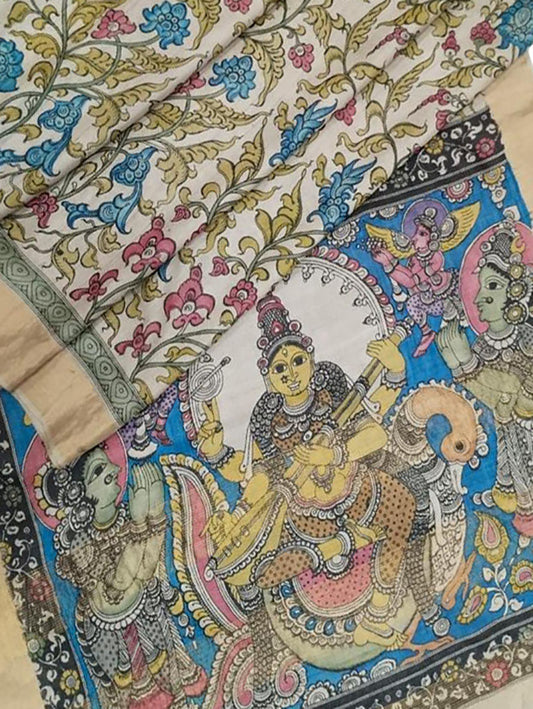 Multicolor Pen Kalamkari Pure Tussar Silk Saree - Luxurion World