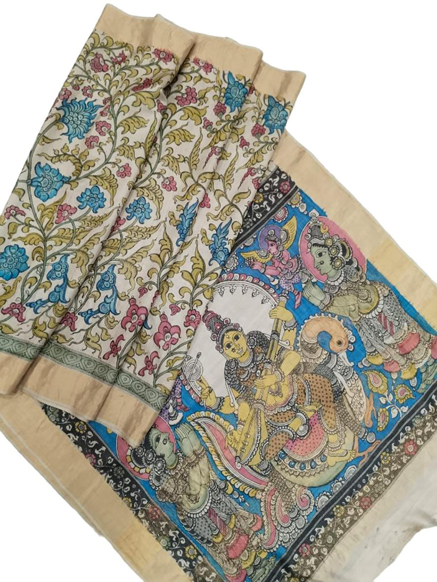 Multicolor Pen Kalamkari Pure Tussar Silk Saree - Luxurion World