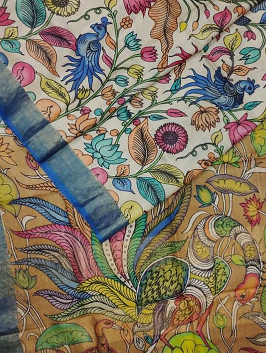 Multicolor Pen Kalamkari Pure Tussar Silk Saree - Luxurion World