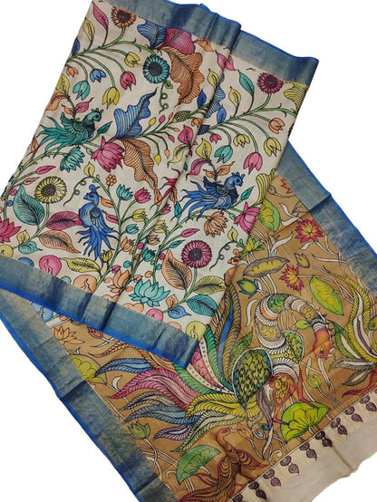 Multicolor Pen Kalamkari Pure Tussar Silk Saree - Luxurion World