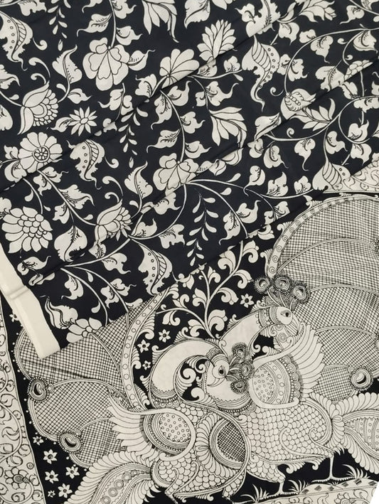 Black And White Hand Painted Kalamkari Chennur Silk Saree - Luxurion World