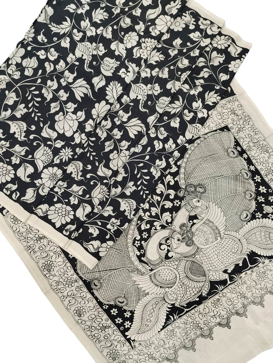 Black And White Hand Painted Kalamkari Chennur Silk Saree - Luxurion World