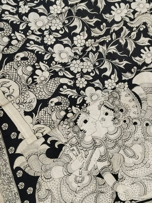 Black And White Hand Painted Kalamkari Chennur Silk Saree - Luxurion World